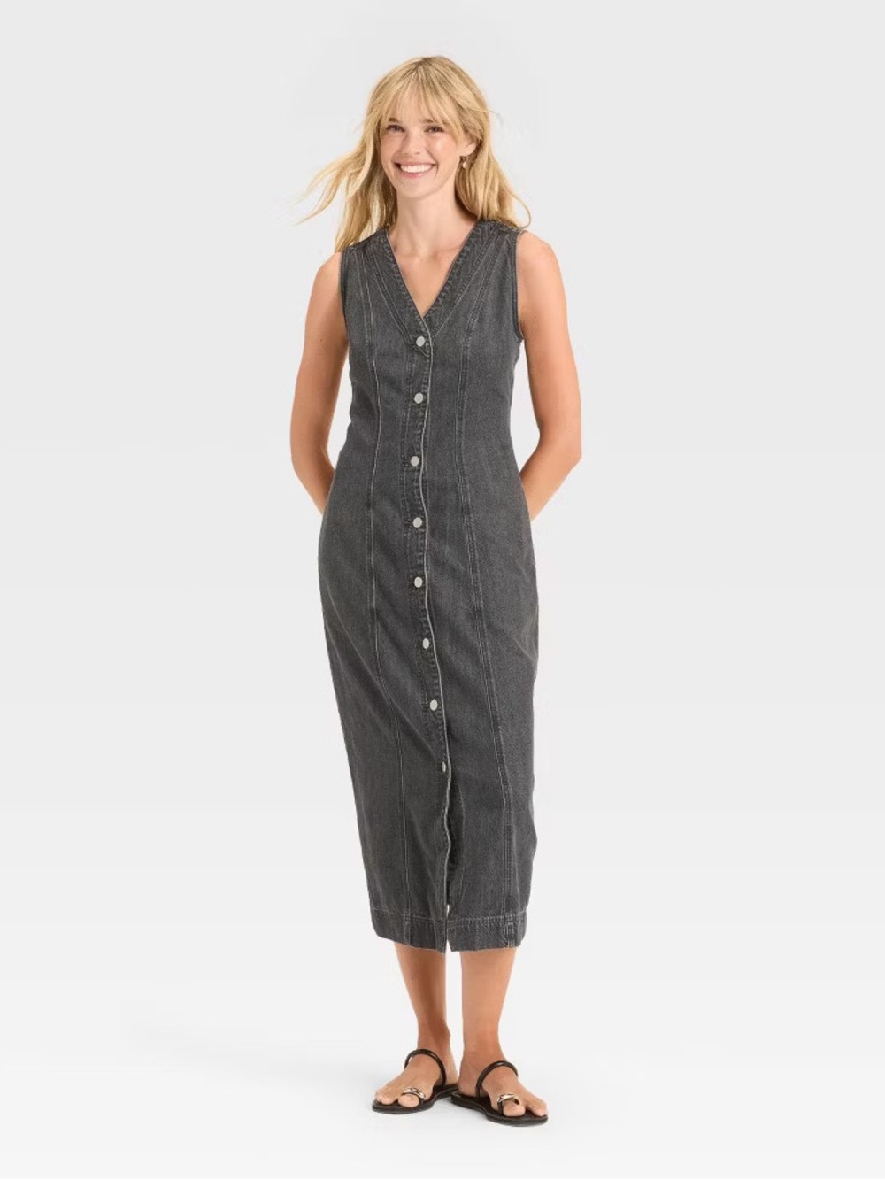 Universal Thread Sleeveless Button-Front Midi Dress in Charcoal Gray